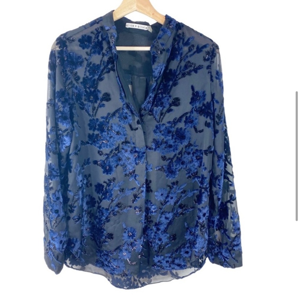 ALICE + OLIVIA Blue Velvet Floral Burnout Blouse - Picture 4 of 8